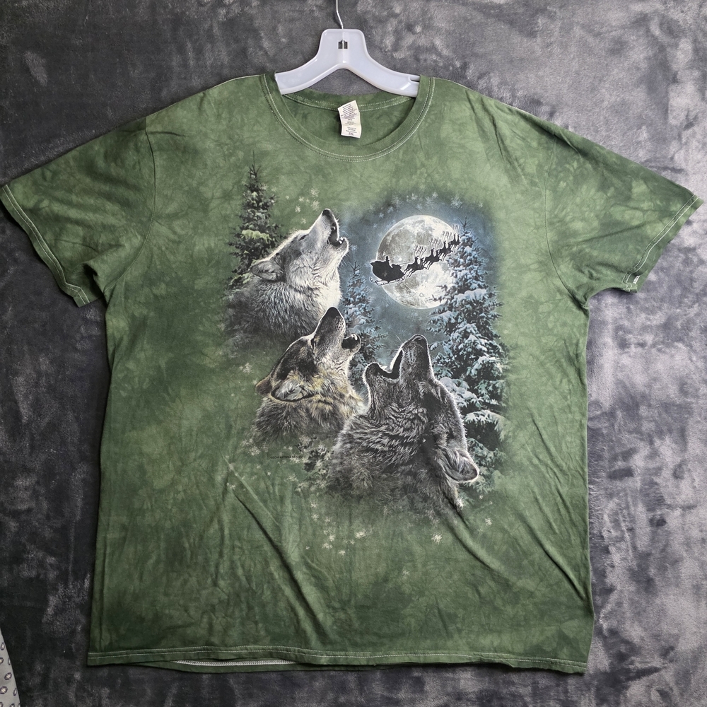 Vintage Gildan Shirt Mens Green Tie Dye Short Sleeve Wolf Pack Howling Size 2XL